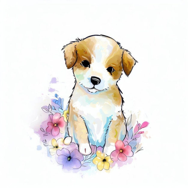 Un dibujo a la acuarela de un cachorro sentado en flores.