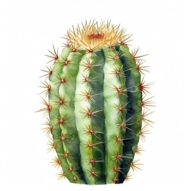 Un dibujo de acuarela de un cactus con un centro rojo.