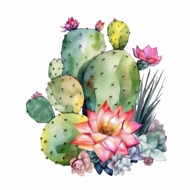 Un dibujo de acuarela de un cactus y flores.