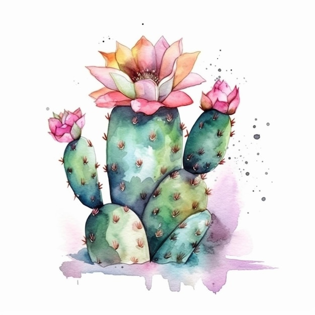 Un dibujo de acuarela de un cactus con flores.