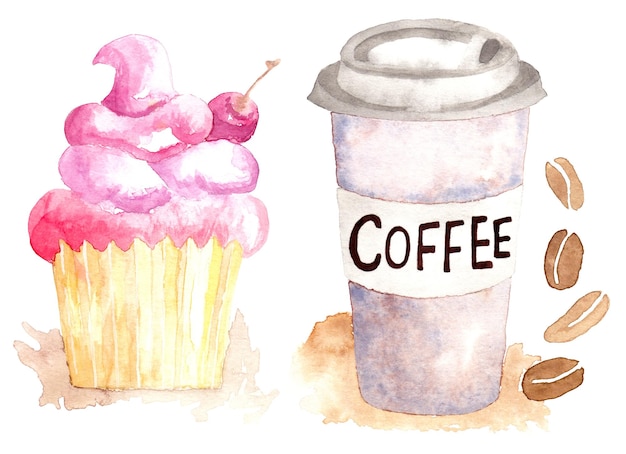 Foto dibujo acuarela de café y pastel ubicado sobre un fondo blanco
