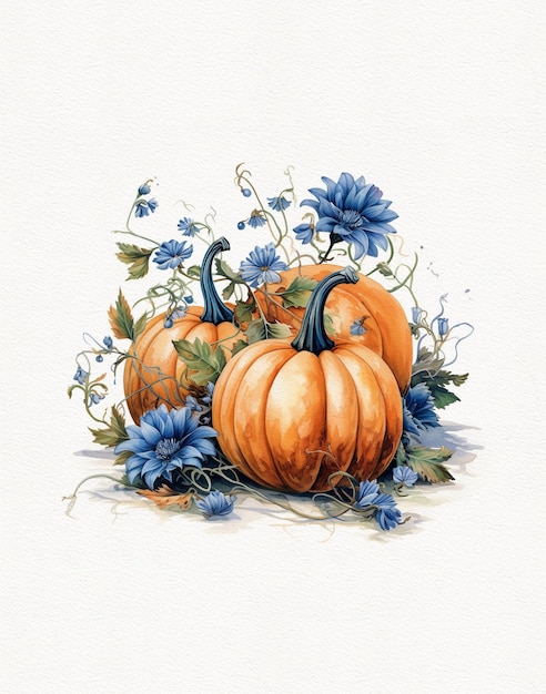 Dibujo acuarela de calabazas de composición otoñal y flores de otoño fondo blanco