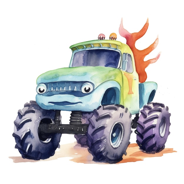 Un dibujo de acuarela de un camión monstruo con una llama en el frente.