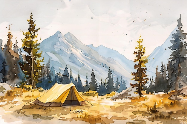 Dibujo a la acuarela de un campamento en las montañas Ilustración a la aquarela