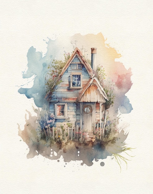 dibujo acuarela de una casa de madera en el bosque, una casa de pueblo, la casa de un viajero