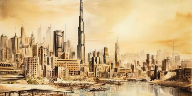 Dibujo en acuarela a color de la silueta de la ciudad de Dubai