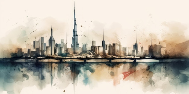 Dibujo en acuarela a color de la silueta de la ciudad de Dubai