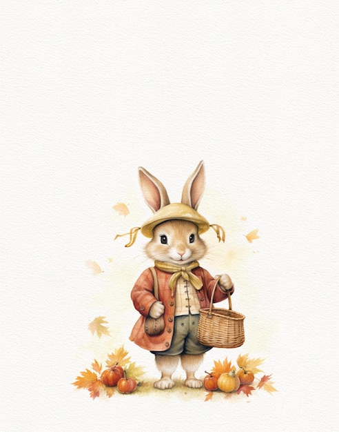 Dibujo acuarela de un conejo en otoño tarjeta del día de acción de gracias otoño vacaciones otoño