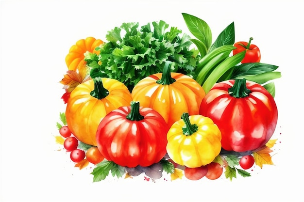 Dibujo acuarela Conjunto de verduras coloridas aisladas sobre fondo blanco