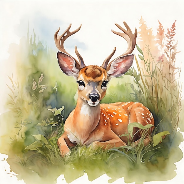 Dibujo en acuarela de Cute deer yace en la hierba por Ai Generated