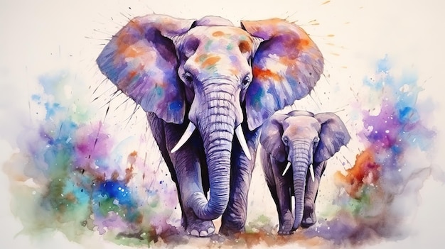 Dibujo en acuarela de dos elefantes Madre e hijo