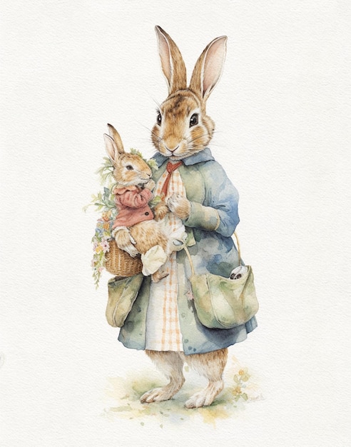 Dibujo de acuarela de una familia feliz de conejo mamá y bebé en ropa vintage conejo de dibujos animados