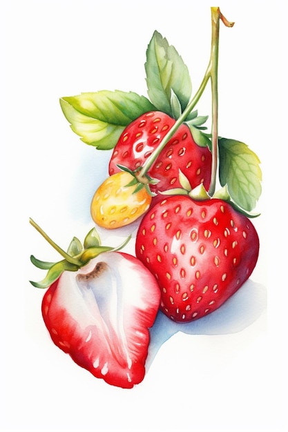 Un dibujo de acuarela de fresas y una fresa.