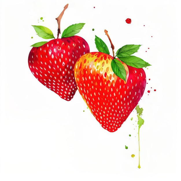 Dibujo en acuarela de fresas maduras sobre fondo blanco IA generativa