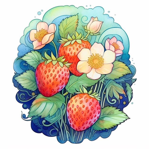 Un dibujo de acuarela de fresas sobre un fondo azul.