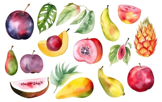 Foto un dibujo de acuarela de frutas y hojas.