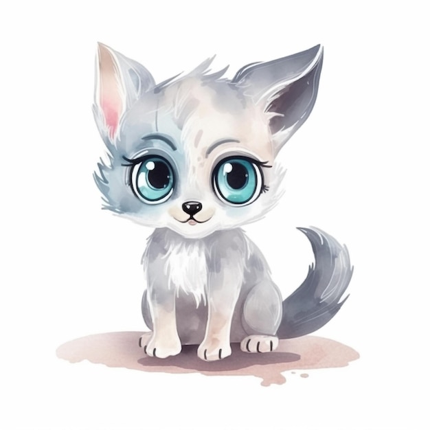 Un dibujo de acuarela de un gatito con ojos azules.