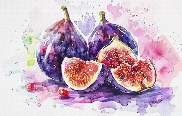 un dibujo a la acuarela de un higo y un pomelo