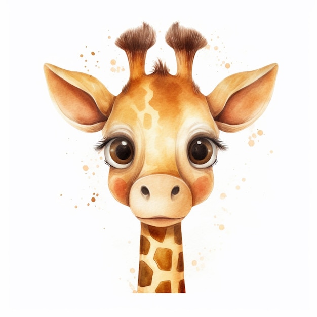 Dibujo en acuarela de una jirafa con ojos marrones y nariz negra.