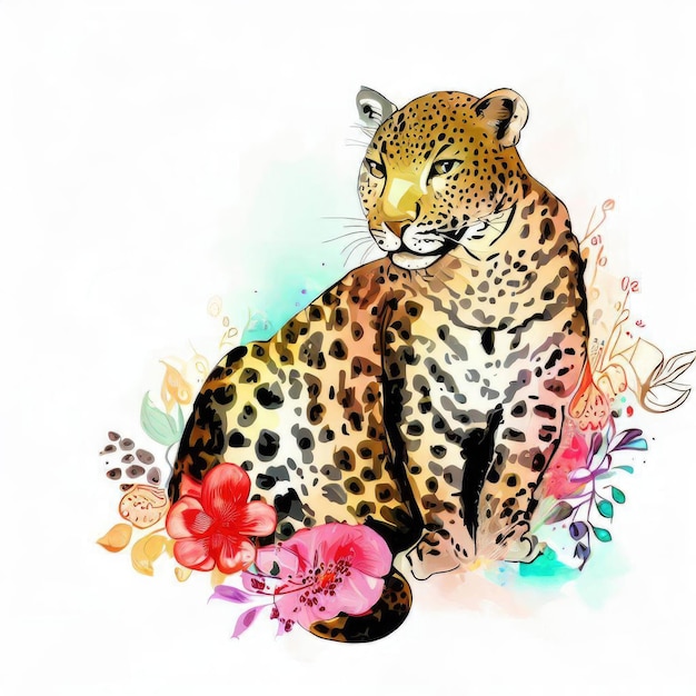 Un dibujo de acuarela de un leopardo con flores.