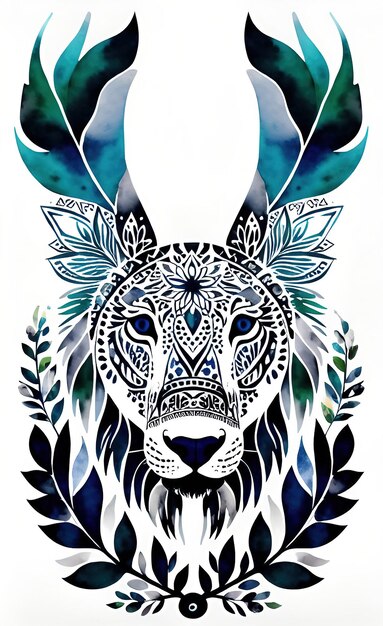 Foto un dibujo de acuarela de un lobo con un patrón floral.