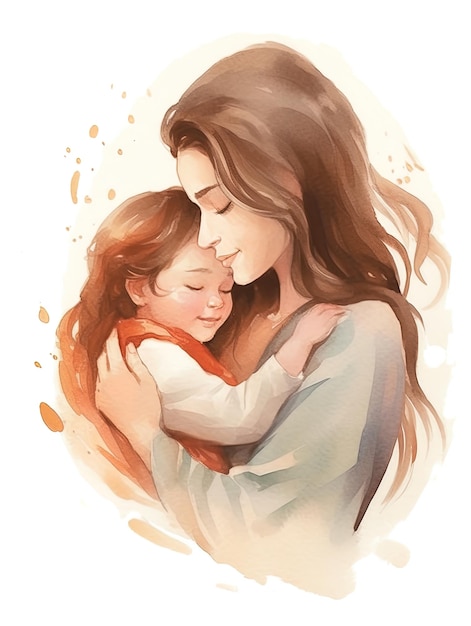 Dibujo en acuarela de una madre y una hija que se abrazan amorosamente Amor entre madre e hija