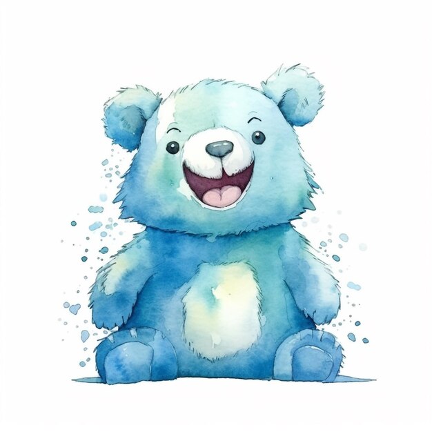 Un dibujo de acuarela de un oso de peluche azul.