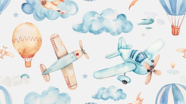 Un dibujo a la acuarela con un patrón de aviones y globos de aire caliente Perfecto para temas de viajes y aventuras