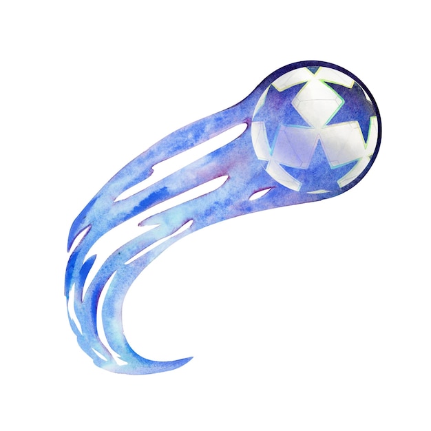 Dibujo en acuarela de una pelota de fútbol voladora azul y blanca con estrellas y cola de llama de fuego azul