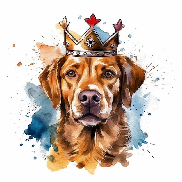 Un dibujo de acuarela de un perro con una corona en la cabeza.