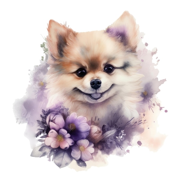 Un dibujo de acuarela de un perro con flores y una sonrisa.