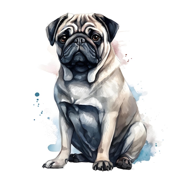 Un dibujo de acuarela de un perro pug con un fondo azul y rosa.