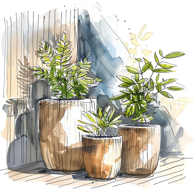 dibujo en acuarela de plantas de interior en maceta