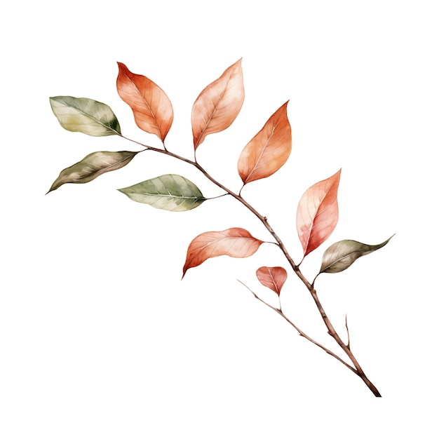 Dibujo en acuarela de una rama con hojas de otoño verdes y naranjas