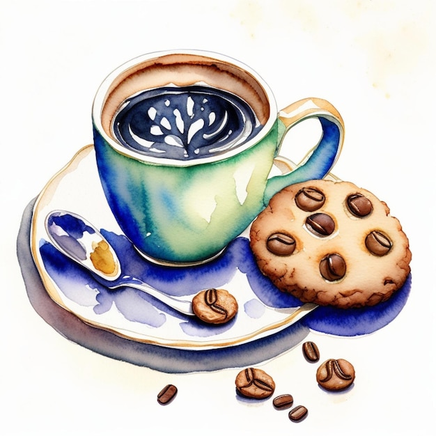 Foto dibujo de acuarela de una taza de café y una galleta