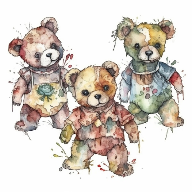 Un dibujo de acuarela de tres osos de peluche.