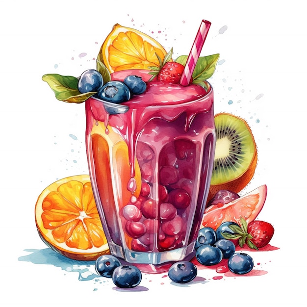 Dibujo acuarela de un vaso de jugo de fruta con pajita y arándanos.