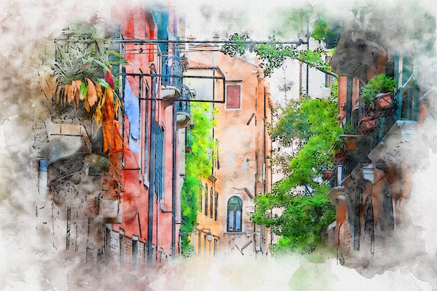 Dibujo en acuarela de Venecia Monumento famoso de Italia Venecia Italia