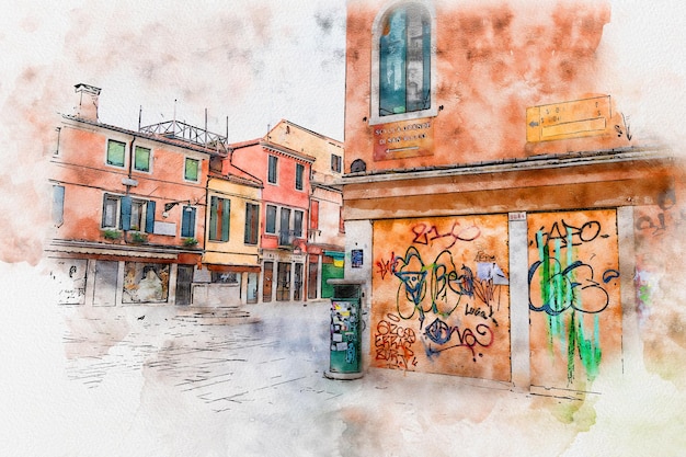Dibujo en acuarela de Venecia Monumento famoso de Italia Venecia Italia