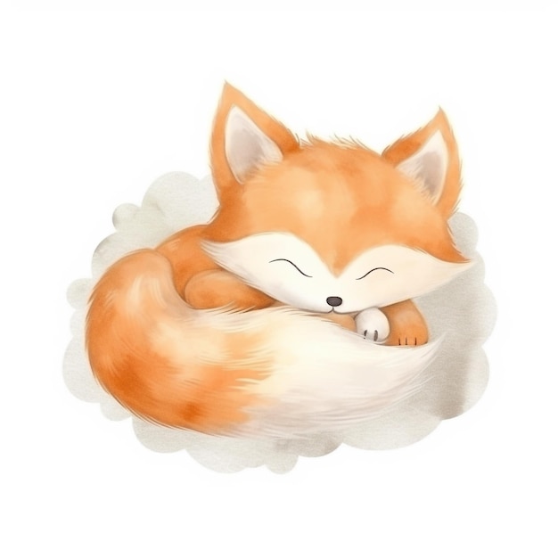 Dibujo acuarela de un zorro durmiendo en una nube. ilustración dibujada a mano de un zorro durmiendo en una nube stock de ilustración