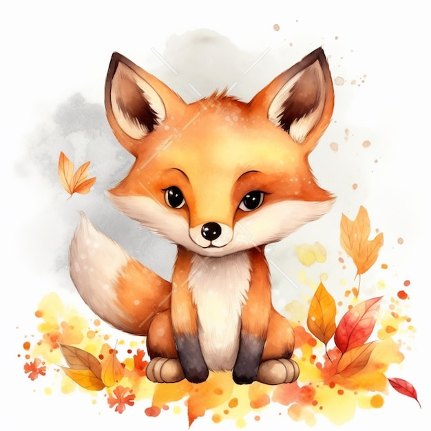 Un dibujo de acuarela de un zorro con hojas de otoño.