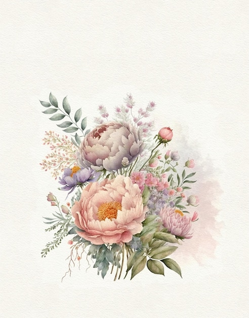 dibujo acuático de un ramo de flores en colores pastel sobre papel de acuarela, tarjeta de felicitación, boda