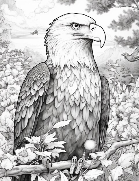 un dibujo de un águila calva sentado en una rama en un bosque generativo ai