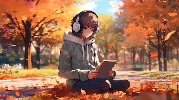 Dibujo al estilo animemanga de una mujer joven sentada en el césped leyendo y escuchando música lofi