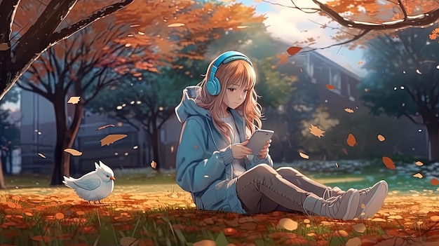 Dibujo al estilo animemanga de una mujer joven sentada en el césped leyendo y escuchando música lofi