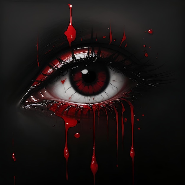 dibujo al óleo de un ojo llorando con sangre dibujada sobre un fondo negro en blanco AI