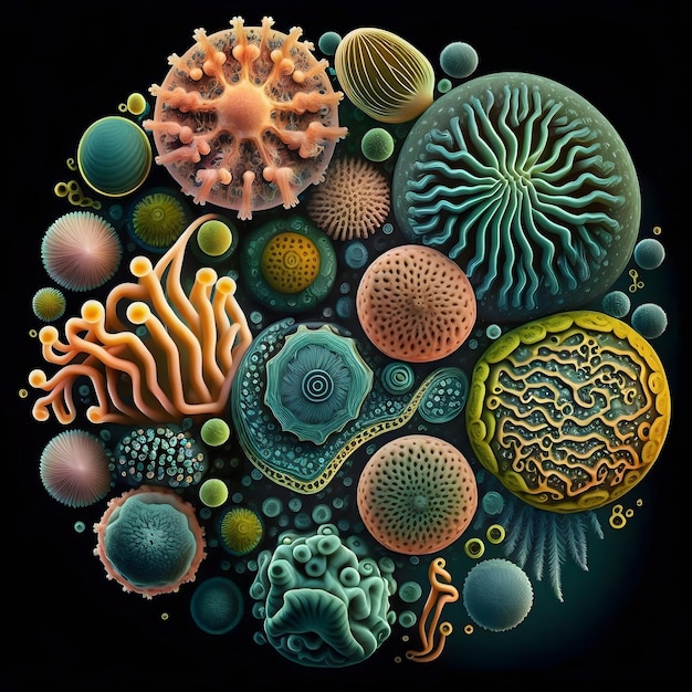 Un dibujo de algunos objetos coloridos que incluyen un coral, una pelota y varios otros objetos.