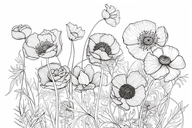 Un dibujo de amapolas en blanco y negro.