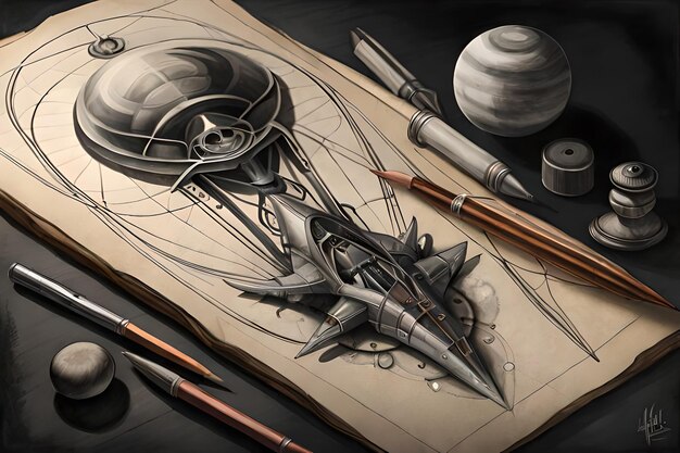 Foto dibujo anatómico de una nave espacial alienígena orgánica que sostiene un perfecto tono negro arte digital generado por ia