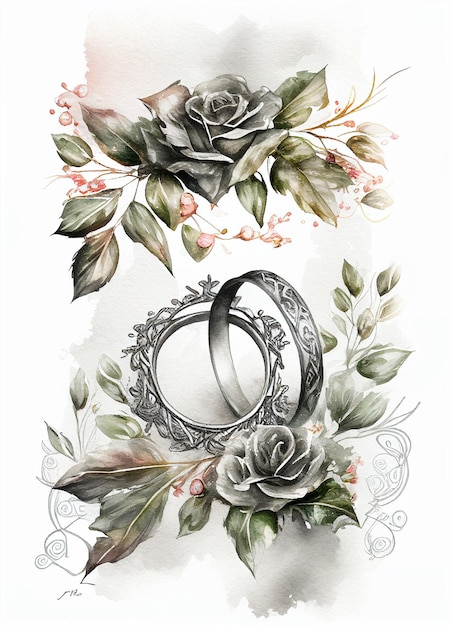 Un dibujo de un anillo y flores sobre un fondo blanco